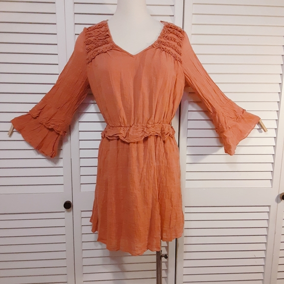 C&V Cottage Style Crepe Mini Dress with Ruffles & Bell Sleeves - Picture 3 of 15